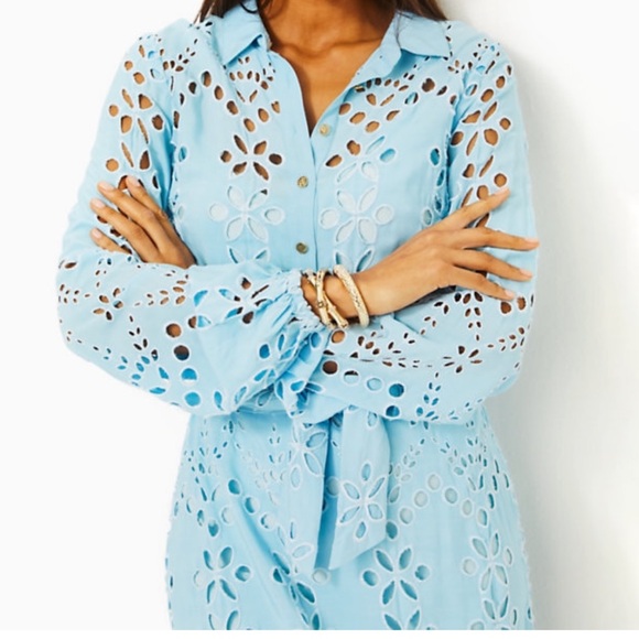 NWT Lilly Pulitzer Sz 12 Zia Eyelet Midi Shirtdress in Hydra Blue Soiree Eyelet - Picture 4 of 8